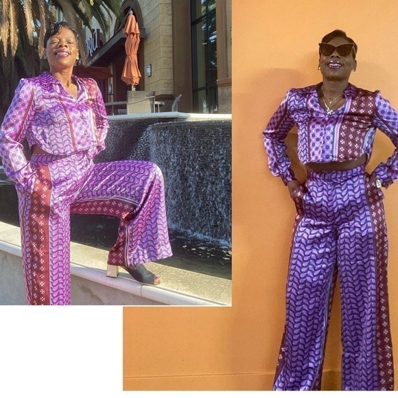 House of Harlow purple burgundy satin effect geometric printed pyjama pants NWT - Picture 2 of 15